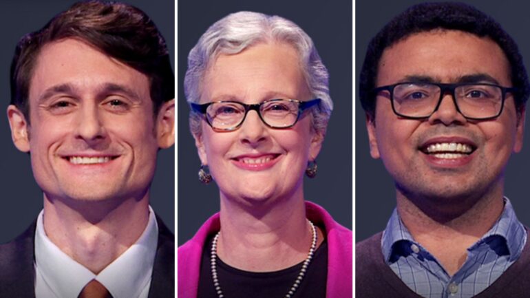 JEopardy players alex defrank, hillary hess, cameraon berry on 3/20./2025