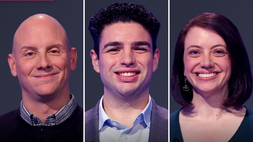 Jeopardy contestants on March 25, 2025- josh weikert, john rindone, and melanie Hirsch