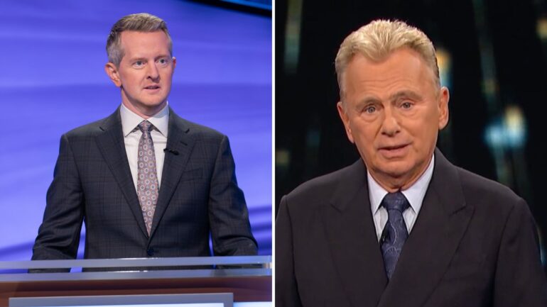 ken jennings on jeopardy (left) and pat sajak on wheel of fortune (rught)