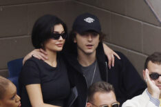 Kylie Jenner and actor Timothée Chalamet look on during the Men's Singles Final match between Novak Djokovic of Serbia and Daniil Medvedev of Russia on Day Fourteen of the 2023 US Open