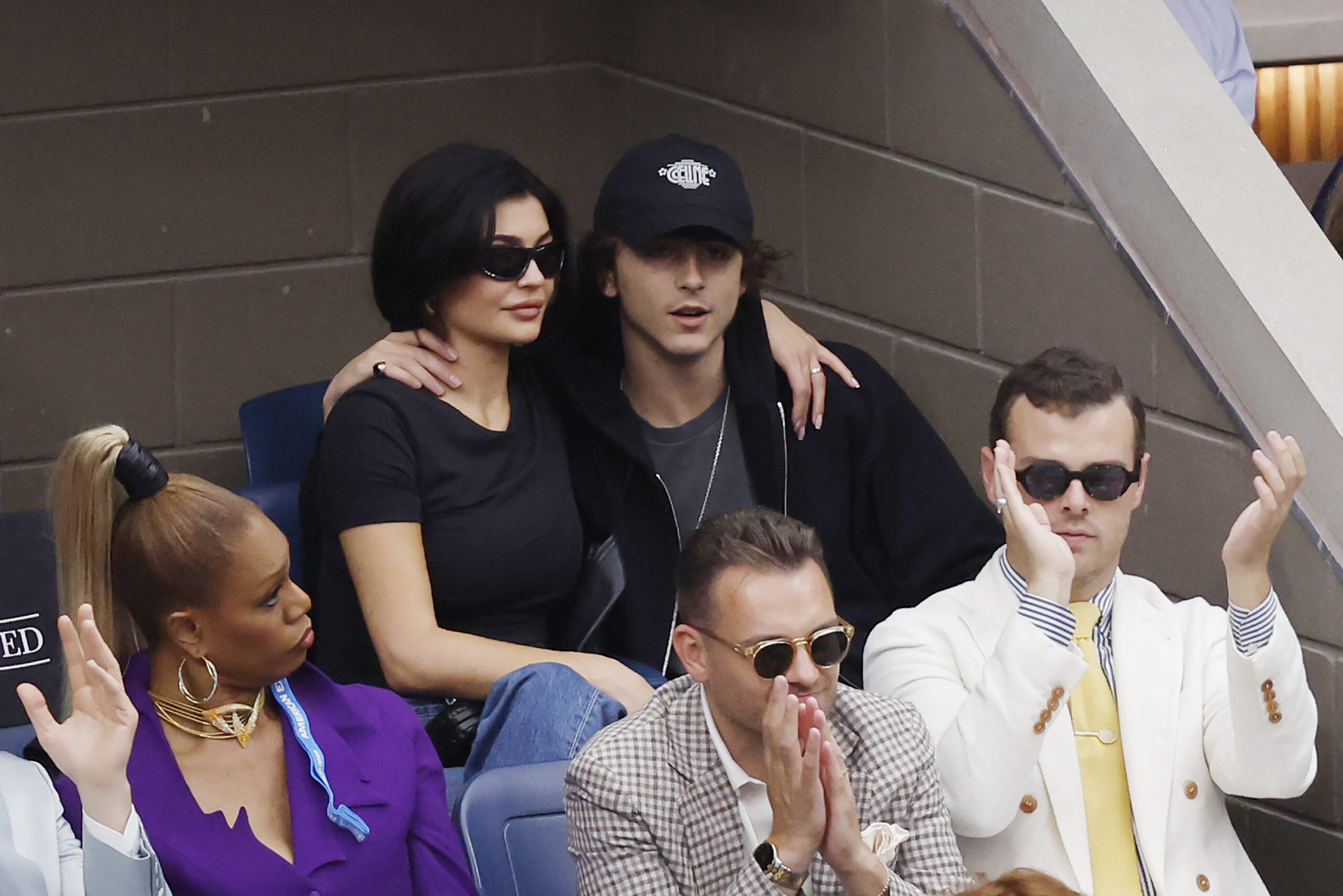 Kylie Jenner and actor Timothée Chalamet look on during the Men's Singles Final match between Novak Djokovic of Serbia and Daniil Medvedev of Russia on Day Fourteen of the 2023 US Open