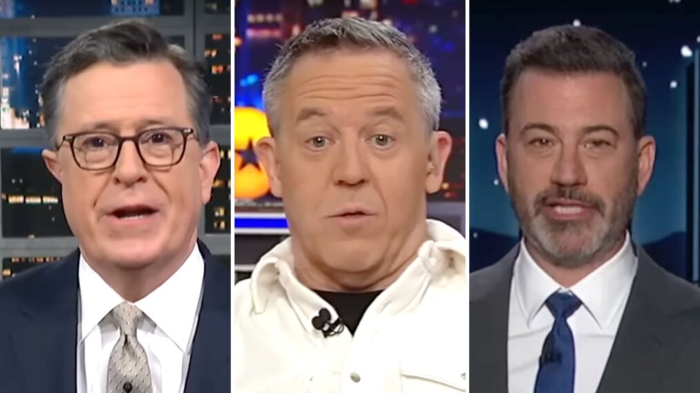 Stephen Colbert, Greg Gutfeld and Jimmy Kimmel