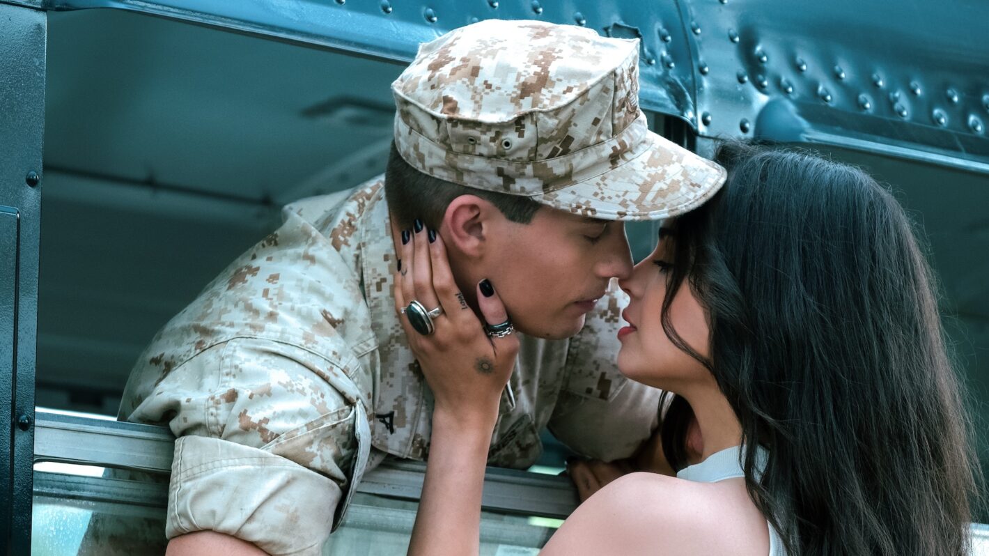 Nicholas Galitzine as Luke, Sofia Carson as Cassie in 'Purple Hearts'