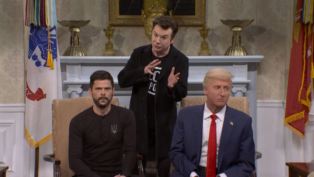 Mikey Day as Volodymyr Zelenskyy, Mike Myers as Elon Musk, and James Austin Johnson as Donald Trump in the 'Saturday Night Live' cold open on March 1, 2025