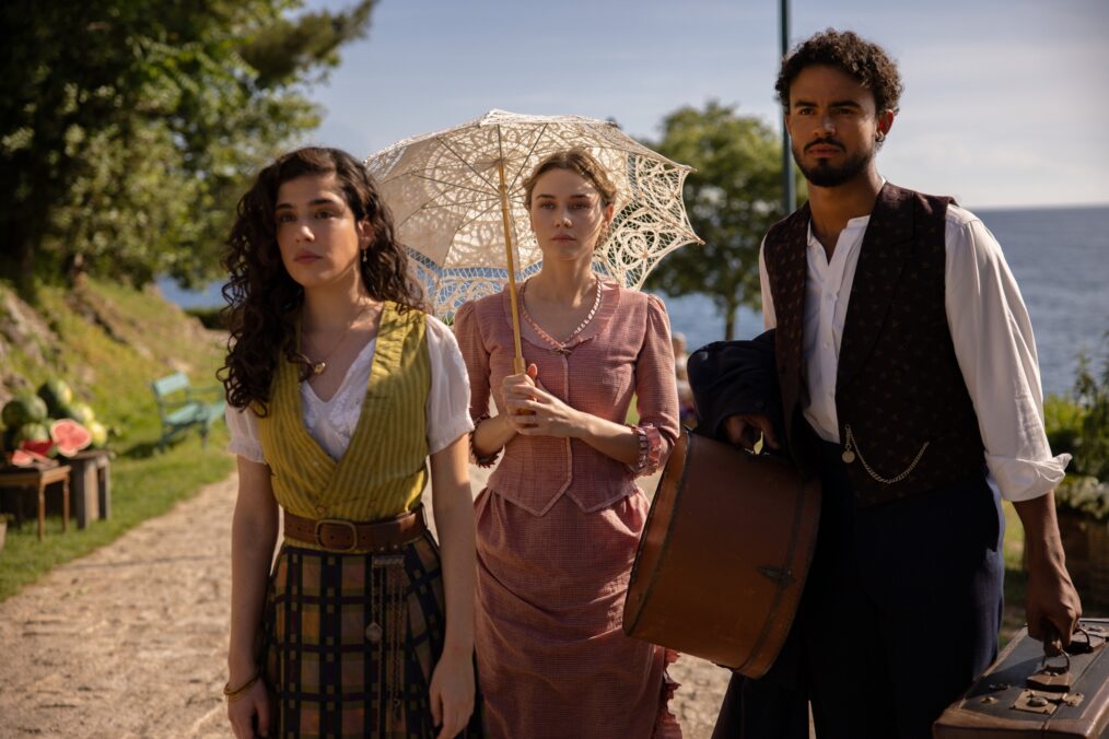 Grace Ambrose, Imogen Waterhouse, and Matthew Broome in 'The Buccaneers' Season 2