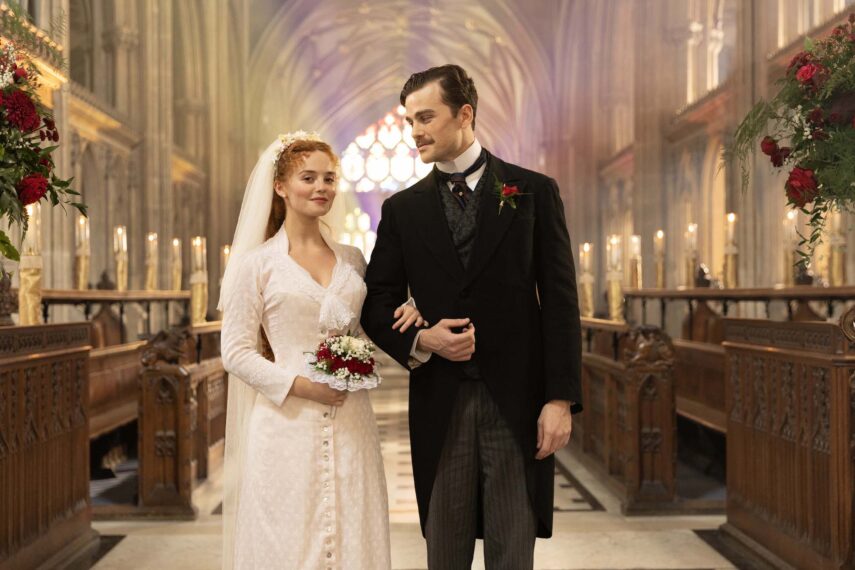 Millie Gibson as Irene and Joshua Orpin as Soames in 'The Forsytes' on PBS Masterpiece