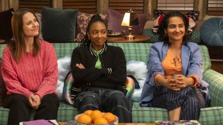 Pauline Chalamet, Alyah Chanelle Scott, and Amrit Kaur in 'The Sex Lives of College Girls' Season 3