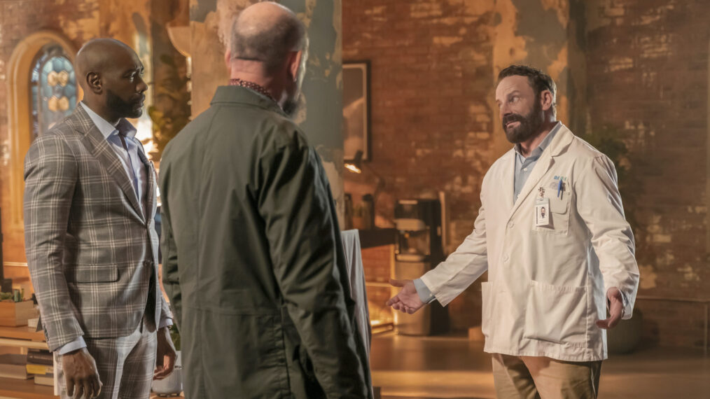 Morris Chestnut as Dr. John Watson, Ritchie Coster as Shinwell Johnson, and Ryan Robbins as Lloyd the Pharmacist — 'Watson' Season 1 Episode 7 