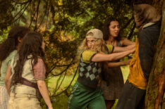 Silvana Estifanos as Teen Britt, Vanessa Prasad as Teen Gen, Jenna Burgess as Teen Melissa, Anisa Harris as Teen Robin and Steven Krueger as Ben Scott in 'Yellowjackets' Season 3 Episode 5