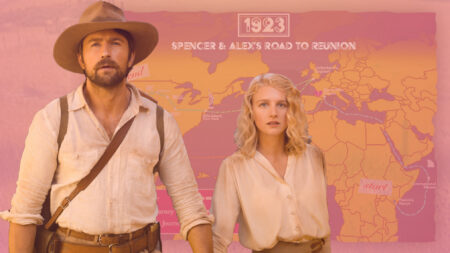 Brandon Sklenar as Spencer Dutton and Julia Schlaepfer as Alexandra Dutton in '1923' in front of a map graphic