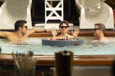Sean Teale, Phillipa Soo, and Joshua Jackson in a hottub in Doctor Odyssey