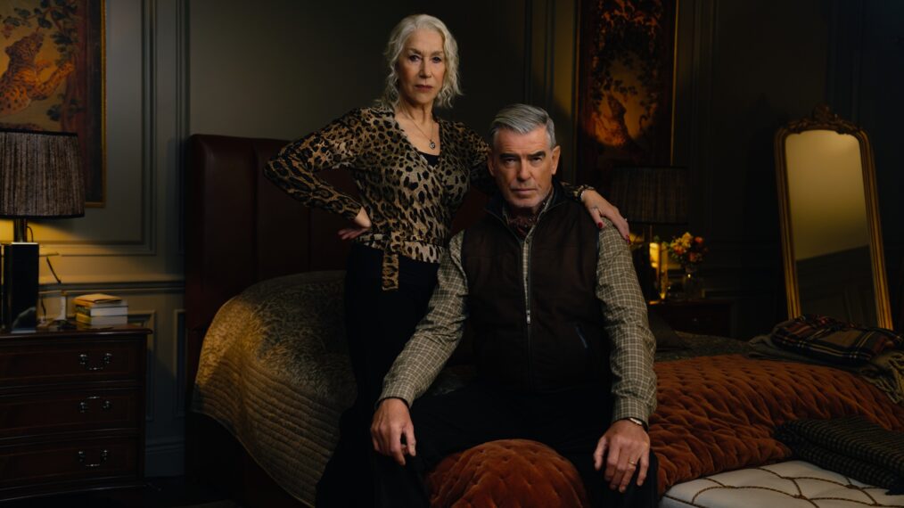 L-R Helen Mirren as Maeve Harrigan and Pierce Brosnan as Conrad Harrigan in MOBLAND, season 1, Streaming on Paramount+ 2025. Photo Credit: Jason Bell/Paramount+