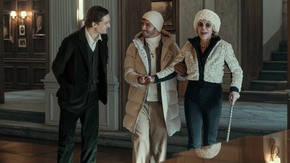 Lucas Englander, Aras Aydin, and Christine Baranski in Nine Perfect Strangers