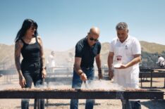 Stanley Tucci stops at an iconic BBQ joint called Ristoro Mucciante and meets food and motor journalist Cristina Bachetti, left and cooks with one of the owners, Rodolfo Mucciante