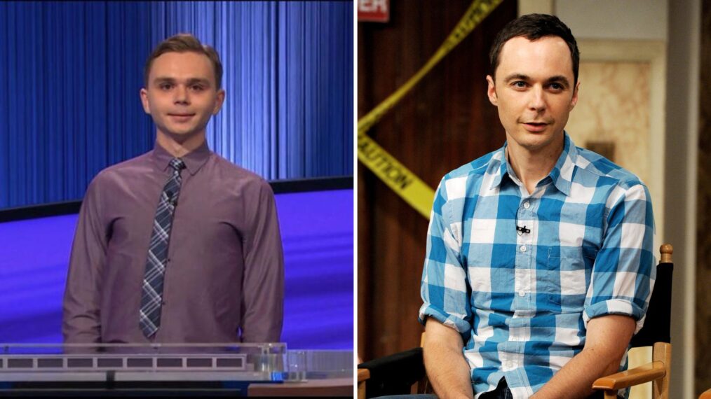 (left) jeopardy! contestant Liam Starnes on game show (right) Jim Parsons as Sheldon Cooper on The Big Bang Theory