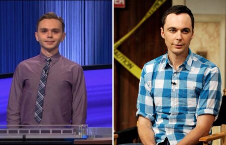 (left) jeopardy! contestant Liam Starnes on game show (right) Jim Parsons as Sheldon Cooper on The Big Bang Theory