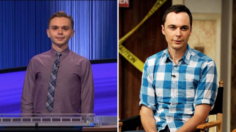 (left) jeopardy! contestant Liam Starnes on game show (right) Jim Parsons as Sheldon Cooper on The Big Bang Theory