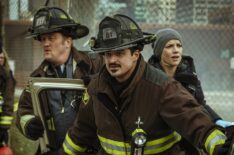 Christian Stolte as Mouch, Yuriy Sardarov as Otis, Kara Killmer as Sylvie Brett in Chicago Fire - Season 6 - 'The F is For'