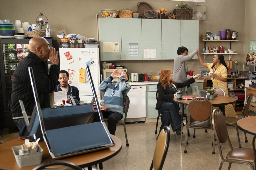 William Stanford Davis, Tyler James Williams, Chris Perfetti, Lisa Ann Walter, Sheryl Lee Ralph, and Quinta Brunson in 'Abbott Elementary's Season 4 finale