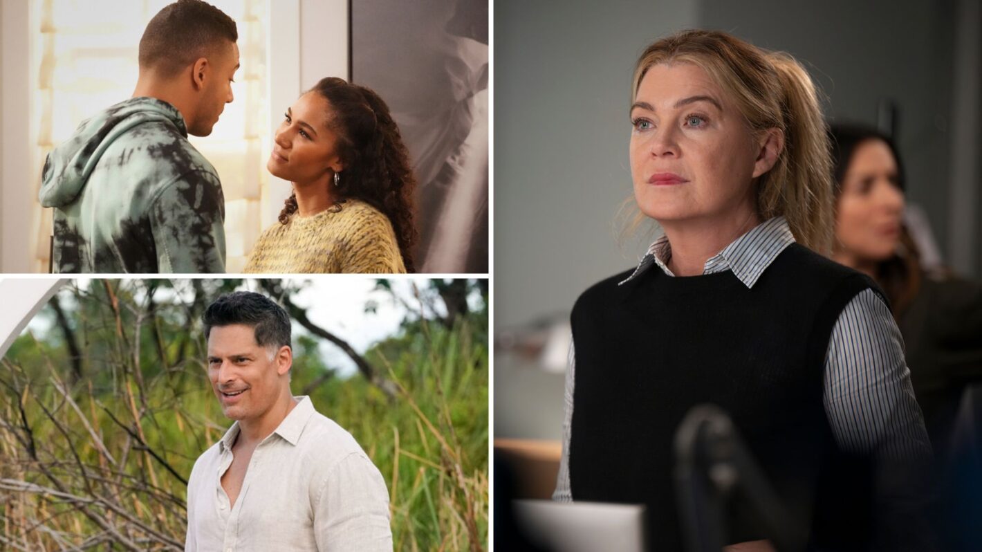 Michael Evans Behling as Jordan Baker and Greta Onieogou as Layla Keating in 'All American,' Ellen Pompeo as Meredith Grey in 'Grey's Anatomy,' and Joe Manganiello in 'Deal or No Deal Island'
