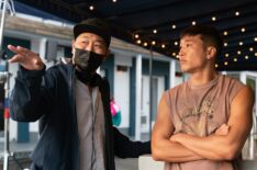 Andrew Ahn directing Joel Kim Booster on the set of Fire Island
