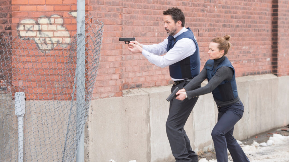 Billy Campbell as John Cardinal and Karine Vanasse as Lise Delorme in 'Cardinal'
