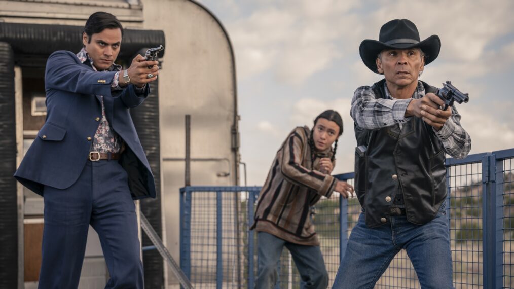 Kiowa Gordon, Bodhi Okuma Linton, and Zahn McClarnon in 'Dark Winds' Season 3 finale