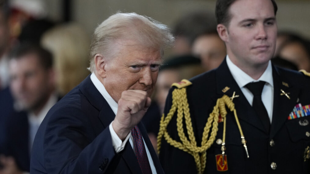 U.S. President Donald Trump gestures during the inauguration ceremony