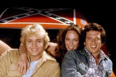 John Schneider, Catherine Bach, and Tom Wopat in Dukes of Hazzard