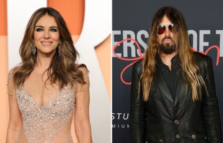 Elizabeth Hurley attends the 2025 Vanity Fair Oscar Party Hosted By Radhika Jones at Wallis Annenberg Center for the Performing Arts on March 02, 2025 in Beverly Hills, California; Billy Ray Cyrus attends MusiCares Person of the Year honoring Joni Mitchell at MGM Grand Marquee Ballroom on April 01, 2022 in Las Vegas, Nevada.
