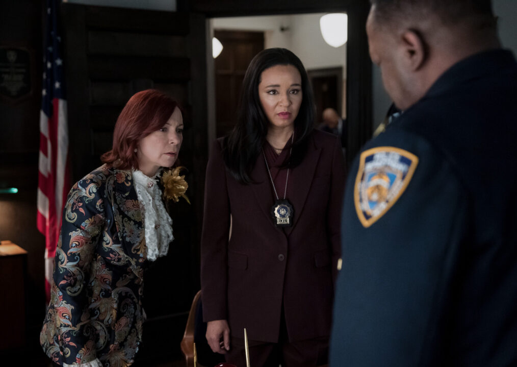 Carra Patterson as Kaya Blanke, Carrie Preston as Elsbeth Tascioni, and and Wendell Pierce as Captain Wagner in 'Elsbeth' Season 2 Episode 19, 'I've Got a Little List'