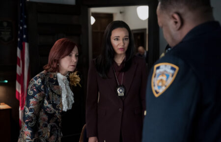 Carra Patterson as Kaya Blanke, Carrie Preston as Elsbeth Tascioni, and and Wendell Pierce as Captain Wagner in 'Elsbeth' Season 2 Episode 19, 'I've Got a Little List'