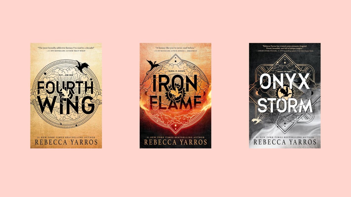 Fourth Wing, Iron Flame, and Onyx Storm book covers