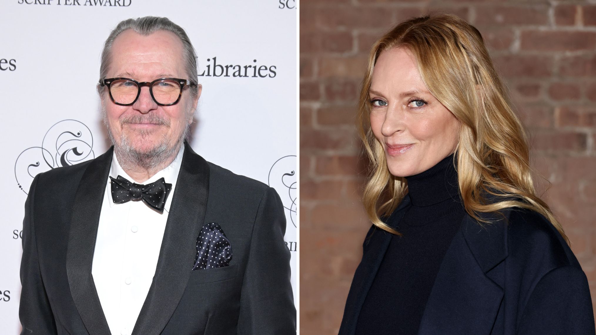 Actor Gary Oldman attends the 35th annual USC Scripter Awards at Edward L. Doheny Jr. Memorial Library on March 04, 2023 in Los Angeles, California;Uma Thurman attends the Michael Kors Collection Fall/Winter 2025 Runway Show at Terminal Warehouse on February 11, 2025 in New York City.