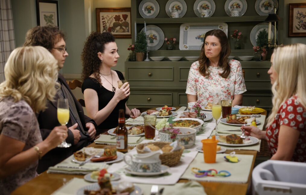 Rachel Bay Jones as Audrey, Dougie Baldwin as Connor, Kara Arena as Chloe, Zoe Perry as Mary, and Emily Osment as Mandy in 'Georgie & Mandy's First Marriage' Season 1