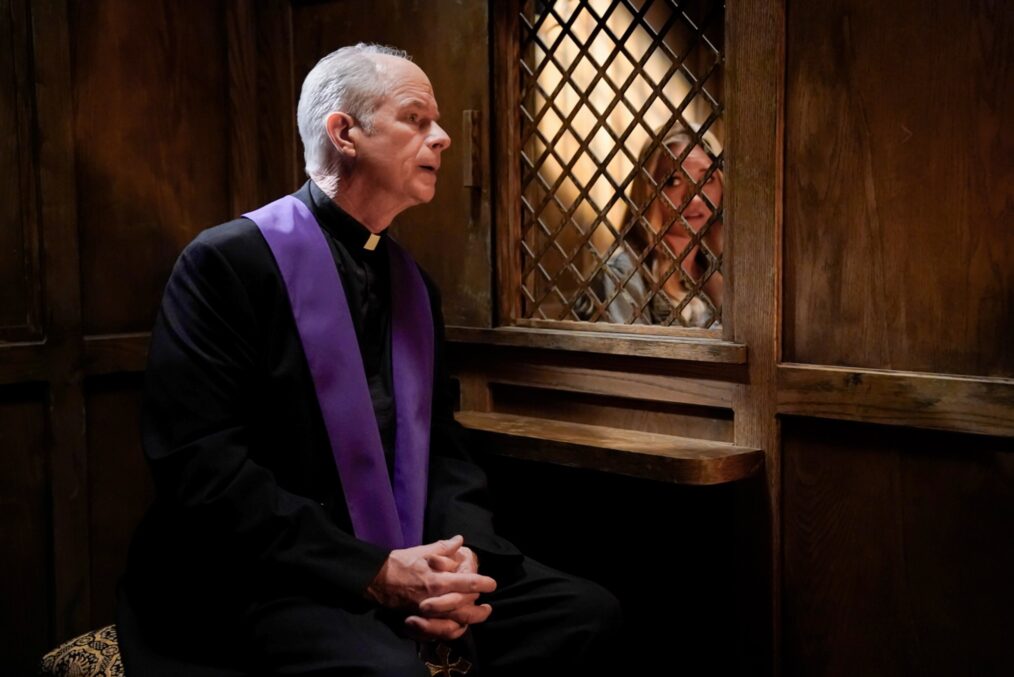Tom Virtue and Emily Osment in a confessional booth in 'Georgie & Mandy's First Marriage' Season 1 finale