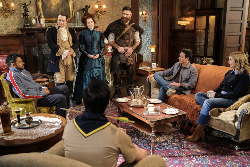 Utkarsh Ambudkar, Brandon Scott Jones, Rebecca Wisocky, Devan Chandler Long, Ben Feldman, and Rose McIver in 'Ghosts' Season 4