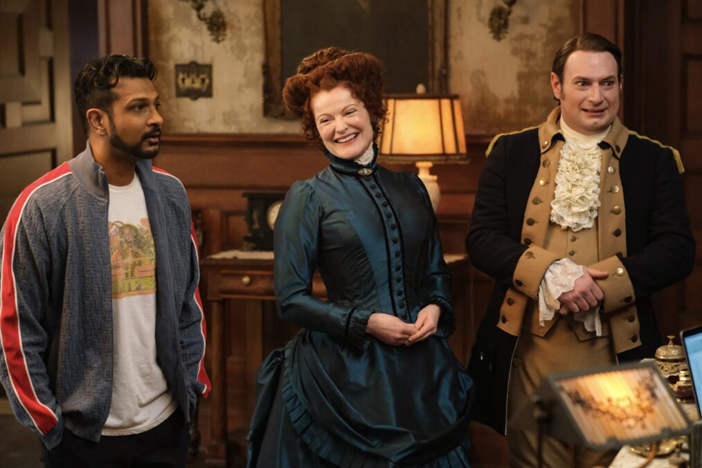 Utkarsh Ambudkar, Rebecca Wisocky, and Brandon Scott Jones in 'Ghosts' Season 4