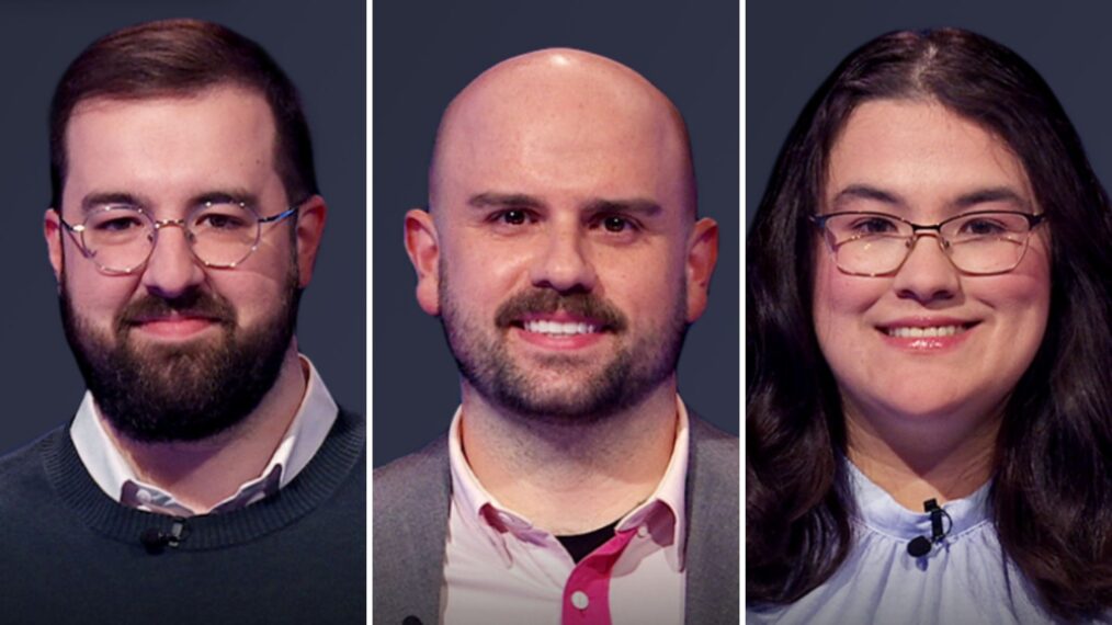 Jeopardy! contestant Andrew Hayes, Dave Widmayer, and Kat Donahoe on Thursday, April 10, 2025