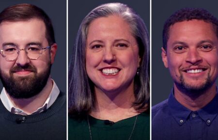 Jeopardy! contestants (from left) Andrew Hayes, Denise LeBlanc Bock, and Brenden Monroe