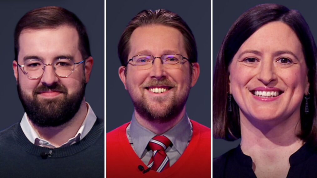 Jeopardy! players (from left) Andrew Hayes, Steven Hoying, and Michelle Dolinski, on April 17, 2025