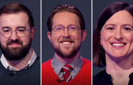 Jeopardy! players (from left) Andrew Hayes, Steven Hoying, and Michelle Dolinski, on April 17, 2025