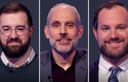 Jeopardy! players Andrew Hayes, Dondi DeMarco, and Thomas Wilson on April 15, 2025