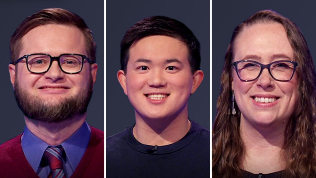 Jeopardy! players Bryce Wargin, Connor Huey, and Kristen Ramsey on the game show on April 1, 2025