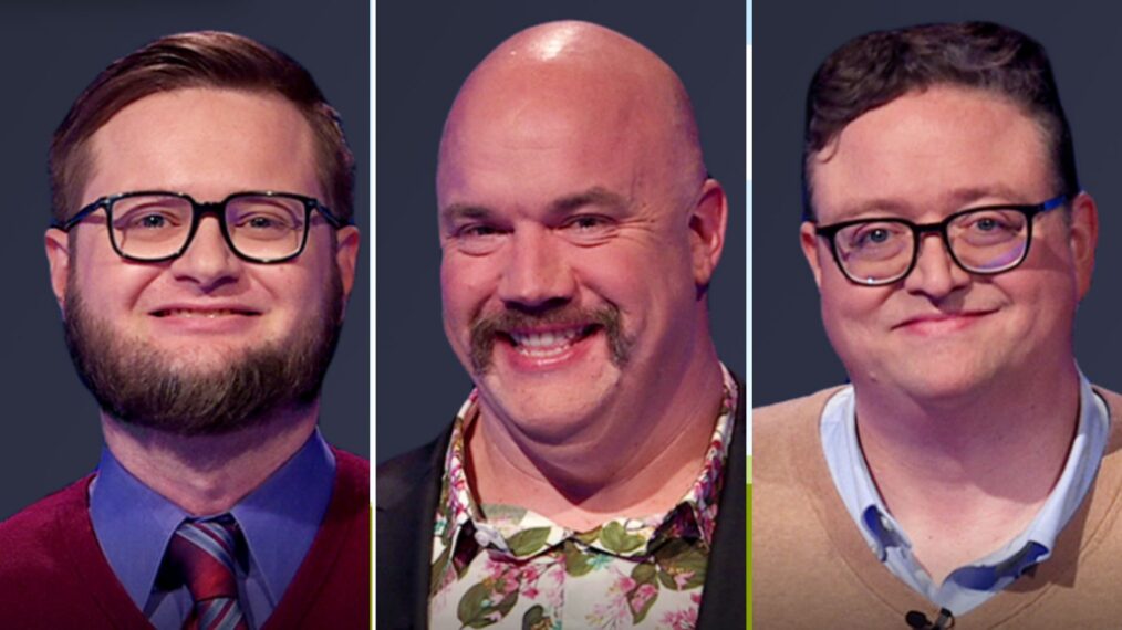 Jeopardy! players Bryce Wargin, Guy Branum, and Mike Dawson on the 4/4/40225 episode