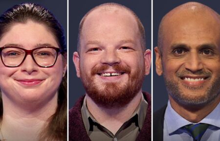 Jeopardy! contestants (from left) Erin Morin, Ben Ganger, and Rahel Zubairi on April 29, 2025