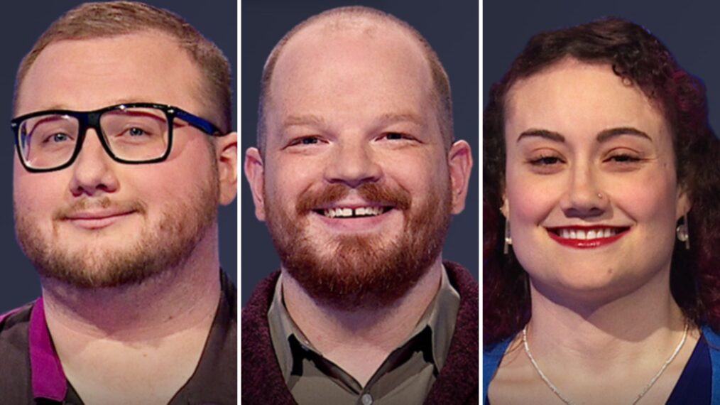 Jeopardy! players (from left) Jordan Stefanski, Ben Ganger, and Roni Ackner on April 30, 2025
