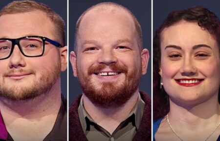 Jeopardy! players (from left) Jordan Stefanski, Ben Ganger, and Roni Ackner on April 30, 2025