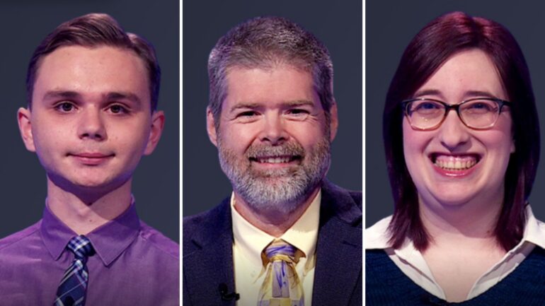 Jeopardy! players, Liam Starnes, Bob Callen, and Maya Vlajnic on April 21,2025