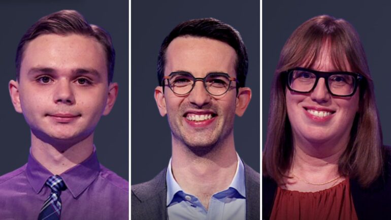 (from left) Jeopardy! contestant Liam Starnes, Simon Liebling, and Jenn Gardner